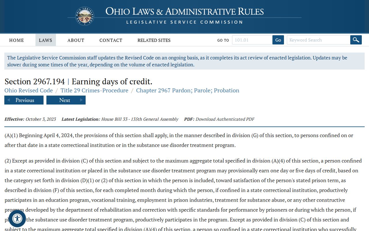 Ohio earned-credit statute used for Perry County inmate release dates