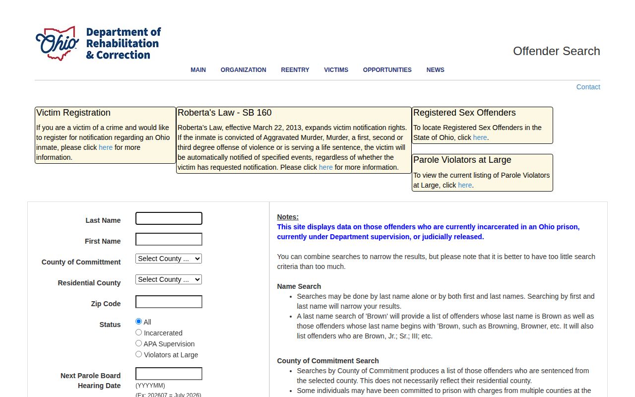 ODRC search filters for Perry County released inmates